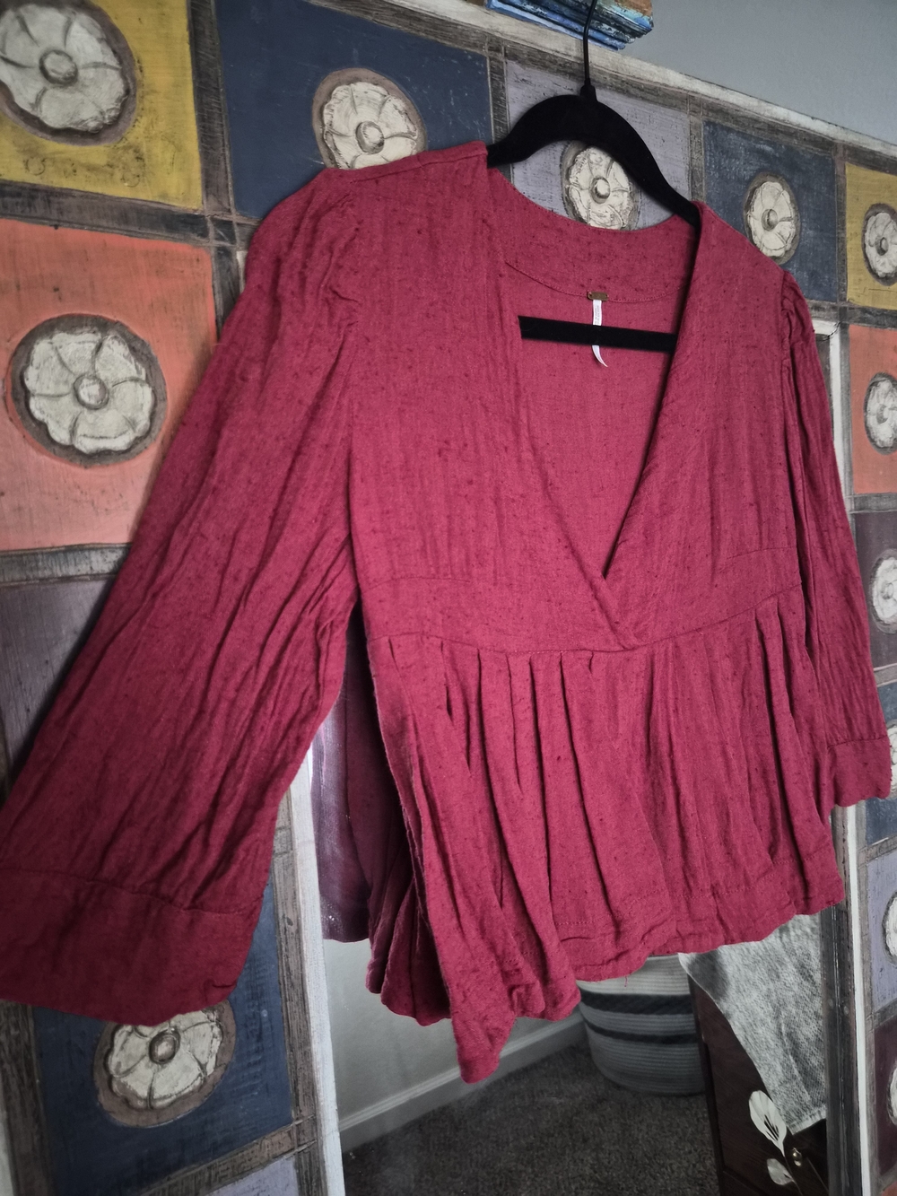 Free People Raspberry Textured V-Neck Peasant Tunic - Picture 2 of 6